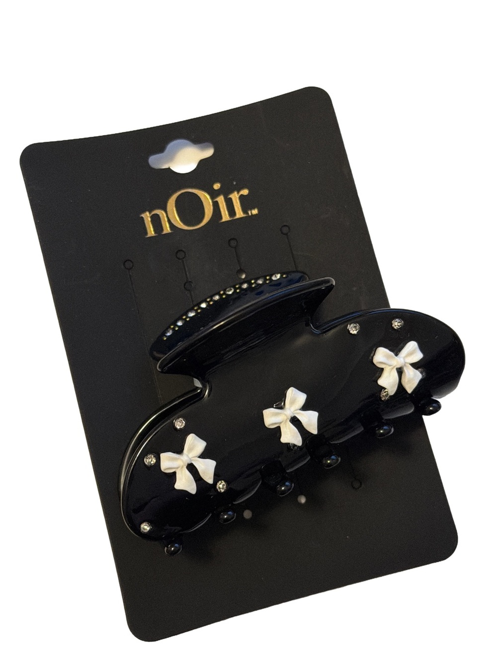 NWT nOir Jewelry Black Hair Claw with White Bow & Rhinestone Embellishments